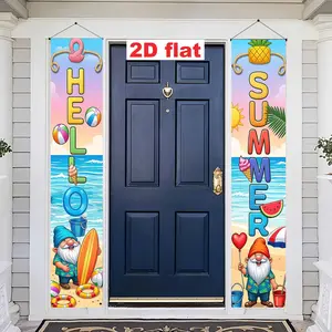 D Flat 2Pcs Polyester Porch Couplets, Summer Beach Gnome, Smooth Draping & Fade Resistant, Cartoon Fresh Style, for Tropical Party, Beach Themed Event, Birthday Gathering, Pool Party, Outdoor Backyard Decor, Window Display, Photography Backdrop,