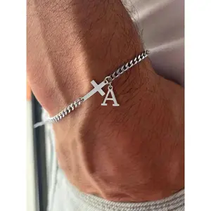 2026 New Men's Trendy Casual Bracelet, Simple Cross Charm and Letter Link Design, Fashion Bracelet for Daily Wear