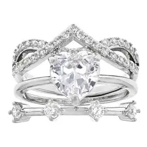 JTV White Cubic Zirconia Rhodium Over Brass Ring Stack of 3 4.24ctw