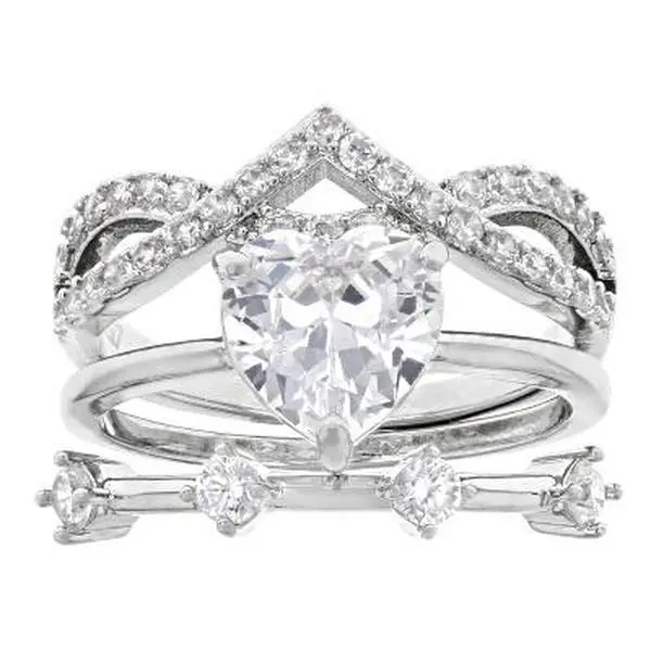 JTV White Cubic Zirconia Rhodium Over Brass Ring Stack of 3 4.24ctw