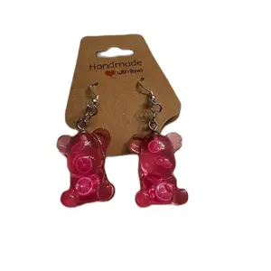 Pink Lemonade Slice Bear Earrings - Unique Glow in the Dark Design, Playful Gummy Bear Earrings