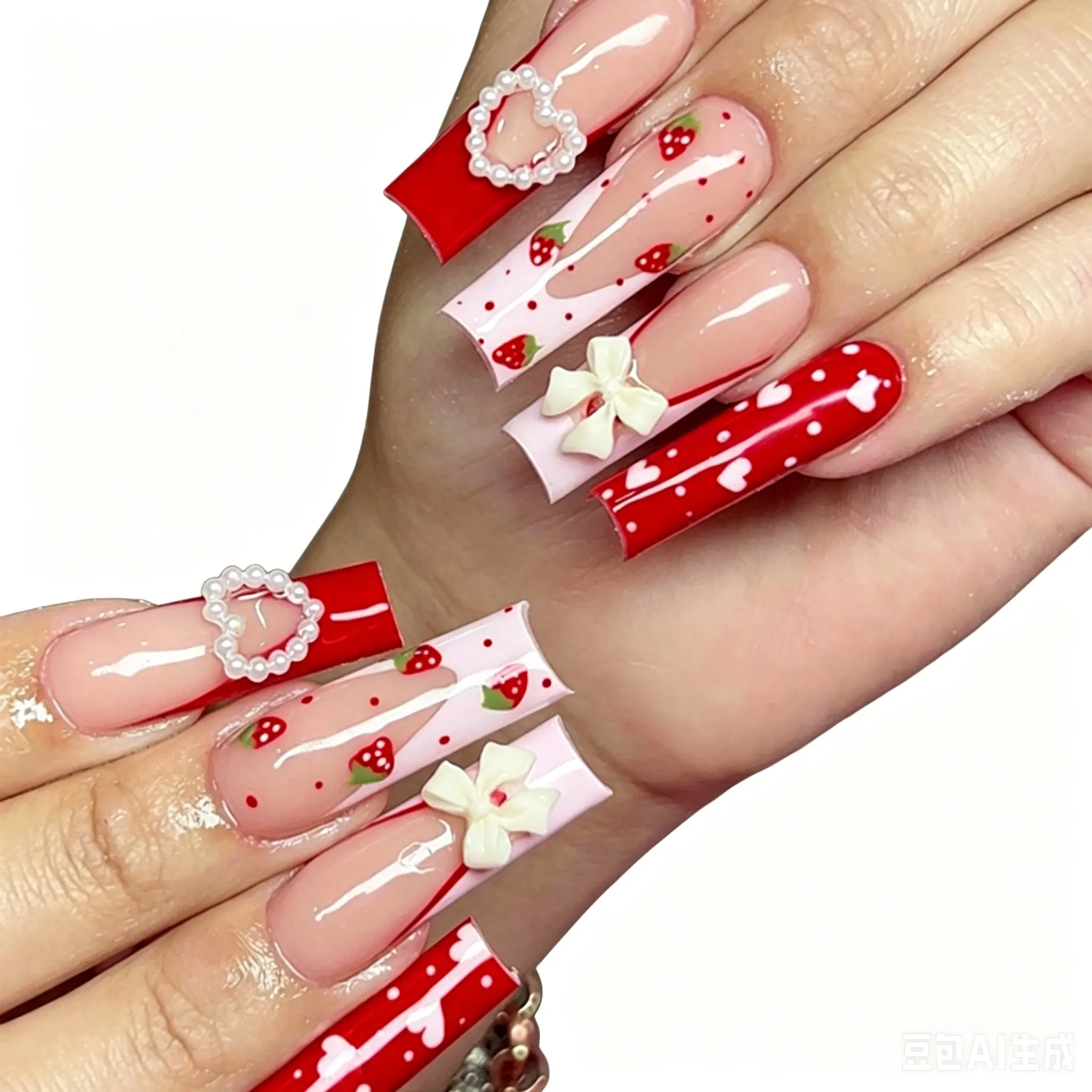 (Nail Art - Strawberry Bow) Long Length Long Water Pipe Fake Nails Square Head Nail Tips False Nail Girl(24 PCS)