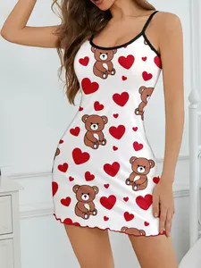 Women's Cute Sexy Bear Strap Sleepwear Dresses, Heart Print & Cartoon Bear Design, Comfortable Sleeping Gown, Casual Daily Wear, Spaghetti Strap, Loungewear