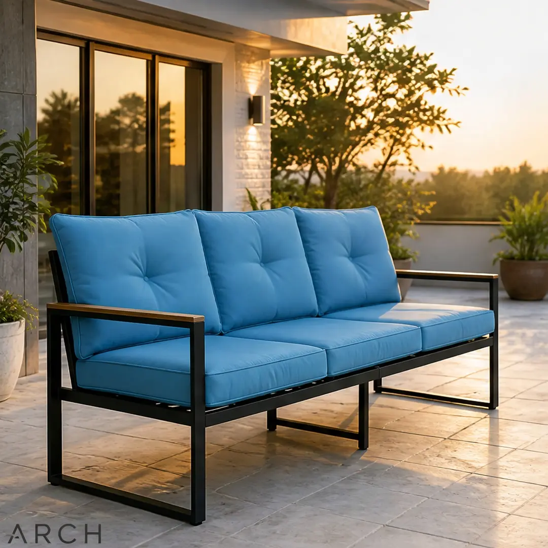 ARCH Casual Heavy Duty Steel Frame 3-Seat Indoor-Outdoor Patio Sofa - 30.00w x 74.00d x 31.00h in, Thick High-Density Waterproof Foam Cushions, UV-Resistant Angled Backrest Metal Sofa, 720 lbs Capacity, Easy Maintenance, Blue/Dark Grey for Garden, Balcony