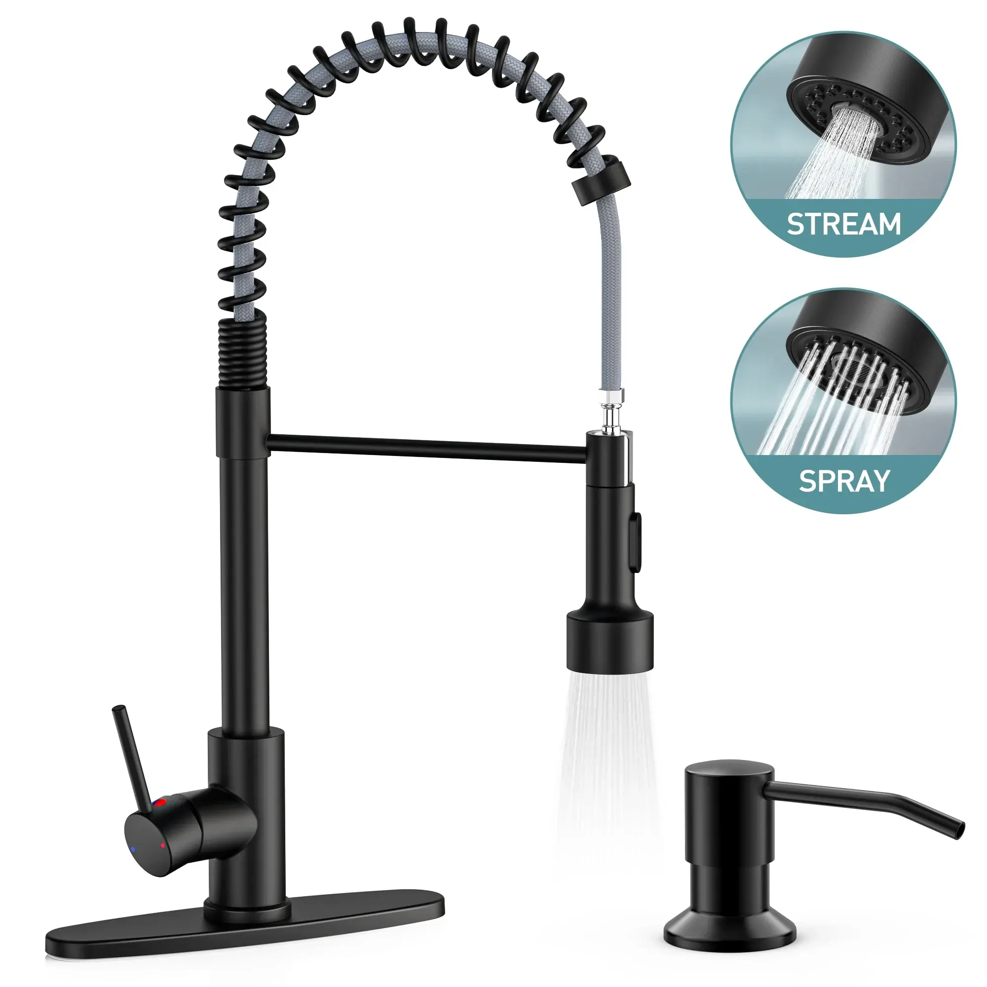 GPED Kitchen Faucet, Kitchen Sink Faucet with Soap Dispenser & Pull Down Sprayer, SUS304 Stainless Steel, Commercial Single Handle Kitchen Faucet with Deck Plate for Laundry Utility Rv