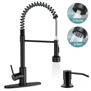 GPED Kitchen Faucet, Kitchen Sink Faucet with Soap Dispenser & Pull Down Sprayer, SUS304 Stainless Steel, Commercial Single Handle Kitchen Faucet with Deck Plate for Laundry Utility Rv