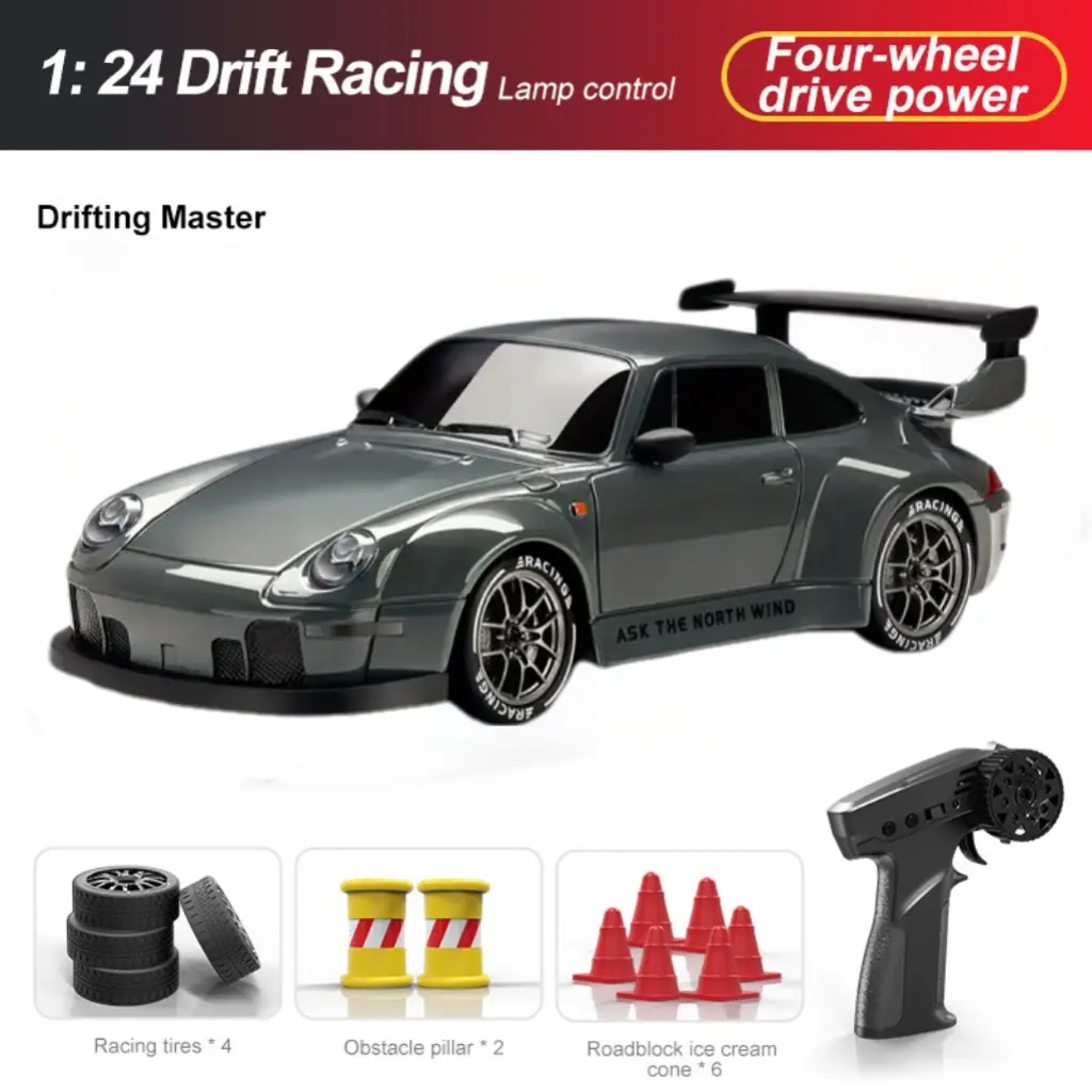 1:24 Scale 993 RC Drift Car  with Drift Tires, Roadblocks, Dual batteries, 2.4 GHZ High-speed racing car, LED headlights, Toys Gift for Kids and Adults, Indoor and outdoor play,  Family fun and racing competitions RC Car, Drop-resistant，Easter Prices