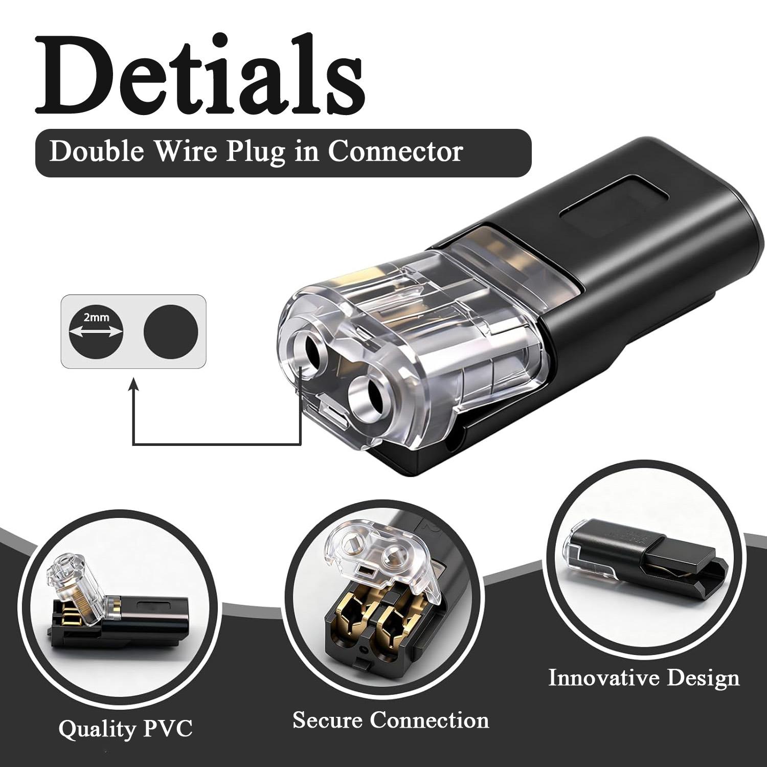 Double-Wire Plug-in Connector, Pluggable 2 Pin 2 Way Led Strip Lights Connectors Low Voltage Wire Connector with Locking Buckle, Fast Connect Plugs Led Connectors for Strip Lights