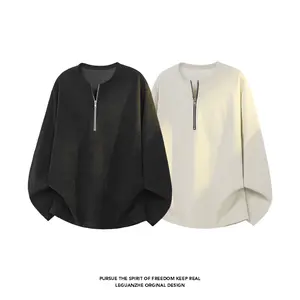 Loose Fit Men's Corduroy Long Sleeve Tee with Half Zip Opening, Crew Neck Relaxed Fit Fashion Style, Suitable for Spring Wear