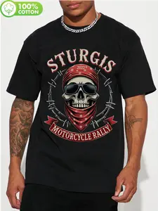 Men'S Official Sturgis Motorcycle Rally Graphic T-Shirt - 180G Heavyweight Biker Tee Featuring Skull & Motorcycle Design, Single-Sided Print, Crew Neck Short Sleeve Suitable for Motorcycle Rally Events & Casual Wear (Spring, Summer