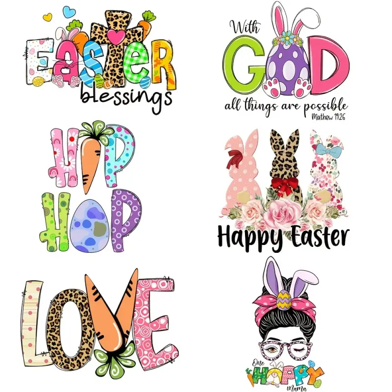 6-piece multicolor vinyl Easter heat transfer stickers, DIY washable iron-on patches for T-shirts, festival decoration, with designs of "Blessings", "Hop", and "Love", DIY Material.