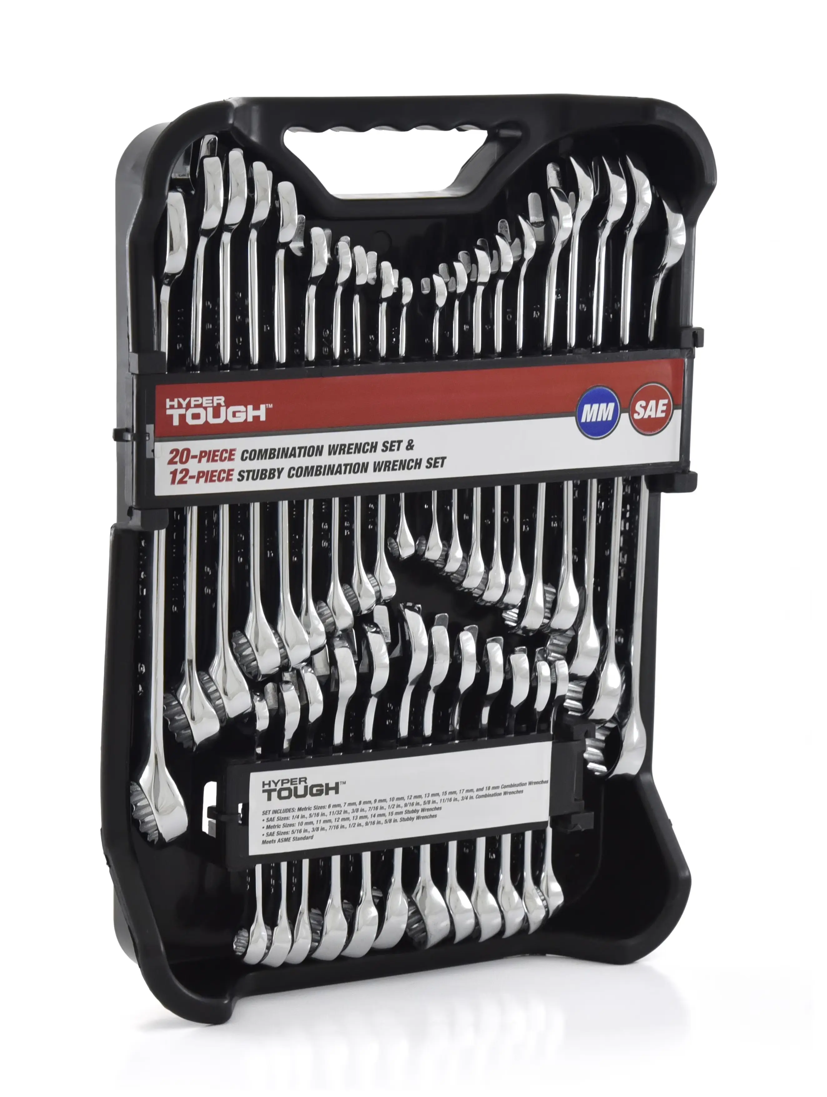 Hyper Tough 32-Piece Combination Wrench Set, SAE & Metric, Chrome Vanadium Steel, Standard & Stubby Sizes, Storage Case Included