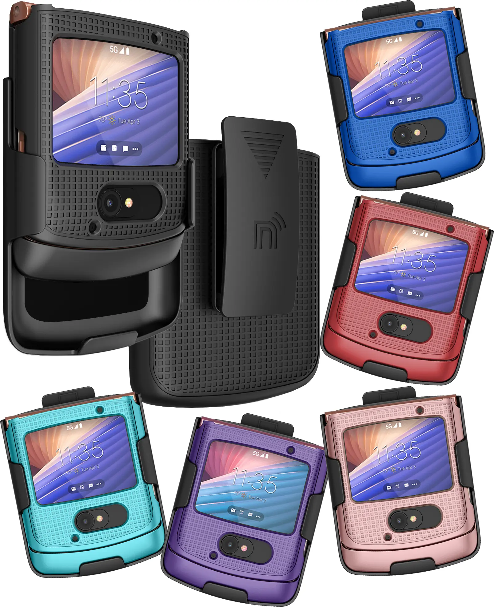 Case with Clip for Motorola RAZR 5G Flip Phone, Nakedcellphone [Grid Texture] Hard Shell Slim Cover with [Rotating/Ratchet] Belt Hip Holster Holder Combo for Moto RAZR 5G Flip Phone (2020) XT2071