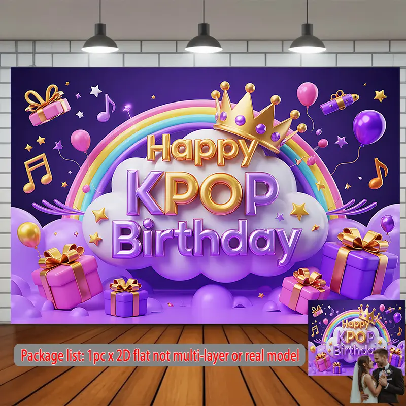 KPOP Happy Birthday Backdrop Fabric - Multicolored Rainbow & Crown Decor, Music Theme Hanging Party Banner, Fan Celebration Photo Prop Birthday Decoration, Cozy, Room