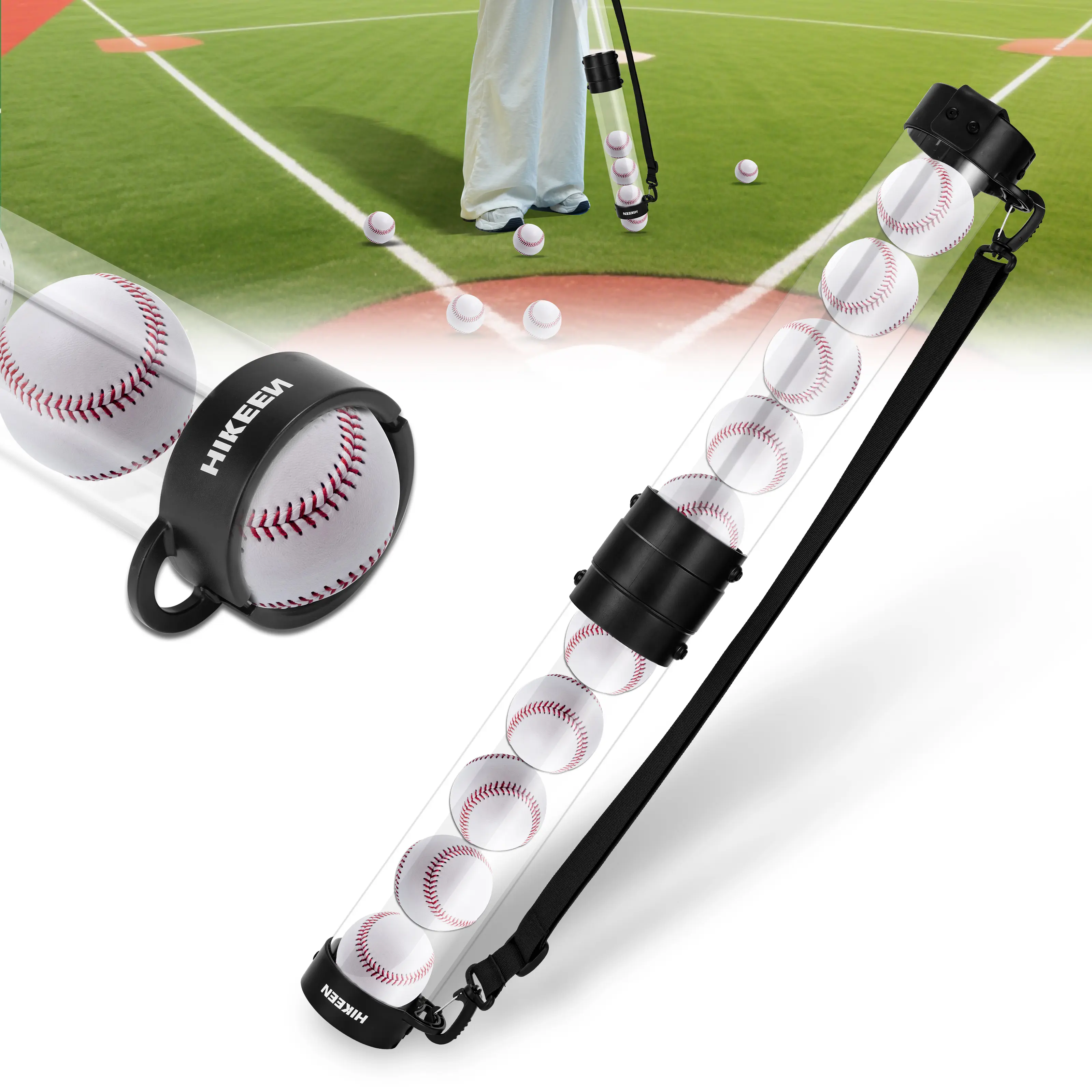 Hikeen Durable Tube-Shape Baseball Picker Upper with Shoulder Strap, Holds 10 Baseballs, Quick Pickup & Storage Accessory - Balls Not Included