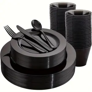 150-Piece Deluxe Black Plastic Dinnerware Set - Includes Dinner Plates, Salad Plates, Forks, Knives, Spoons, and Clear Cups - Perfect for Halloween, Christmas, Easter, and Other Celebrations - Disposable, Durable, and Convenient