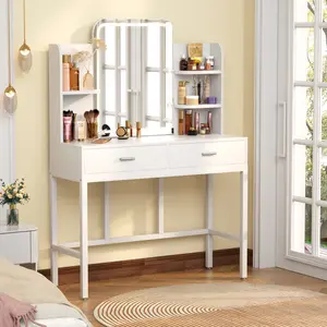 Vanity Desk with Mirror and Lights, Makeup Vanity with 2 Storage Drawers, Vanity Table Set with 3 Color Lighting Options, Modern Dressing Table with Storage Shelf for Bedroom, White