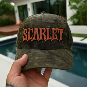 Lambda “Scarlet” Camo Cap - Unisex Structured 6-Panel Smoky Olive Canvas Hat with Orange Puff Embroidery & Adjustable Strapback