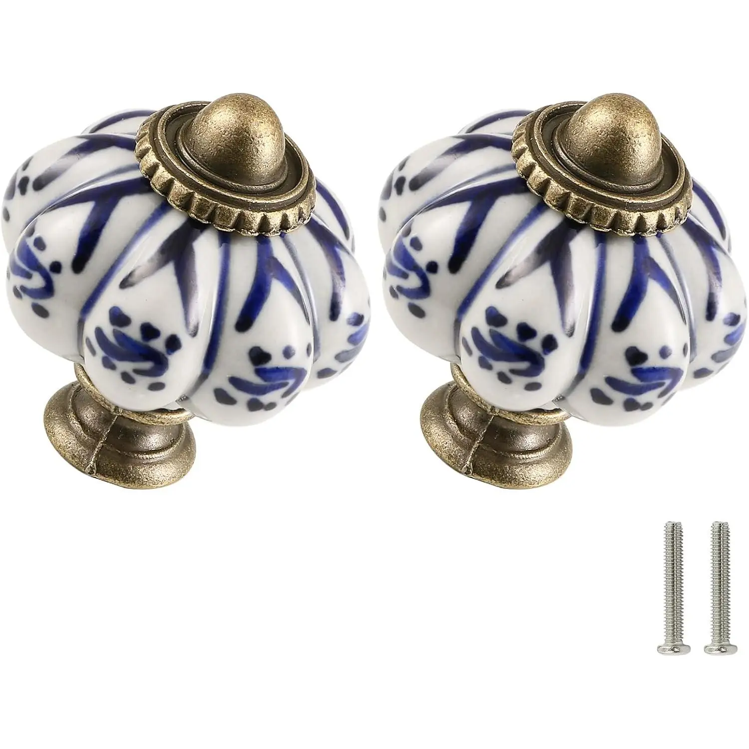 2 Pack Ivory & Deep Blue Pumpkin Ceramic Cabinet Knobs Vintage Drawer Pulls Antique Dresser Pulls with Screws Deep Blue Flower