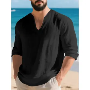 Men's V Neck Linen Shirt Casual Loose Fit Long Sleeve Top, Breathable Thin Fabric for Spring & Fall, Perfect for Beach Vacation