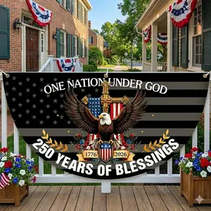 One Nation Under God Patriotic Polyester Semicircular Fence Banner, American Flag Eagle Half Round Porch Banner, USA Fourth of July Independence Day Porch Fence Railing Decor, Patriotic Outdoor House Decoration