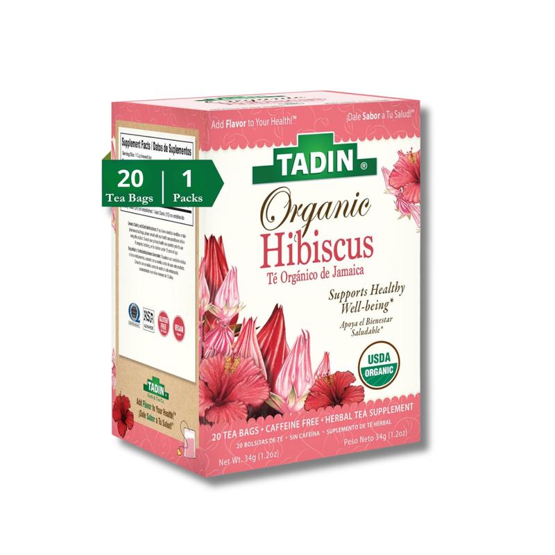 Tadin Organic Hibiscus Tea, Herbal Tea, Caffeine Free Tea, Organic Tea Spports Healthy Well-Being, 20 Tea Bags Per Box. Tadin Organic Hibiscus Tea, Herbal Tea, Caffeine Free Tea, Organic Tea Spports Healthy Well-Being, 20 Tea Bags Per Box.