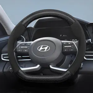 Suitable for Hyundai, Automotive carbon fiber texture leather suede steering wheel cover, ultra-thin non-slip cover, for Accent, Verna, Elantra, Avante, Sonata, Venue, Kona, Tucson, Santa Fe, Palisade, Ioniq 5, Ioniq 6
