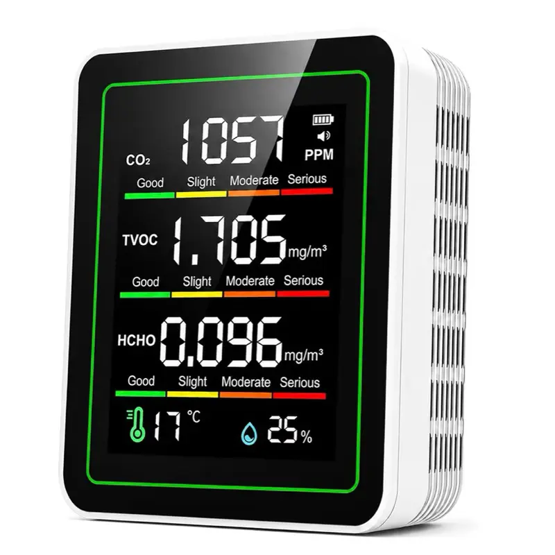 8-in-1 Indoor Air Quality Monitor, Portable CO2 Detector with LCD Color Screen, Formaldehyde HCHO TVOC Temperature Humidity Tester, USB Rechargeable Air Quality Meter for Home Office Car Travel