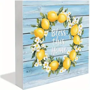 Bless This Home Office Decor Wooden Box Sign 6 x 6 Inches Summer Lemon Flowers Blue Wood Grain Decorative Wooden Plaque Office Desk Accessories Desk Ornaments for Bedroom Study Room Home Decor