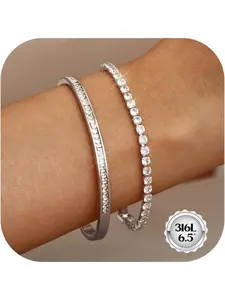 2Pcs Bracelets for Womens Gold Plated Bangle Fashionable Bangles Tennis Bracelets Set,Cubic Zirconia Tennis Bracelet Silver/Gold Jewellery,Birthday Gifts for Women Mom Grandma Friends 6.5/7/7.5 Inch Fashionable Jewelry Pretty Bracelet