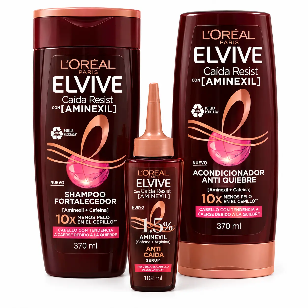 L'Oreal ELVIVE AMINEXIL 3 piece Caida Resist Shampoo + Conditioiner + Anti Caida Serum | For Hair Shedding, Caida Resist Formula | 1x Antri Caida Serum 102ml 1x Shampoo 370ml 1x Conditioner 370ml ( CAFE ELVIVE Shampoo + Conditioiner + Suero Capilar)