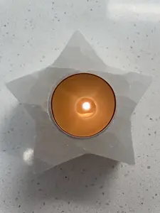 Star Selenite Crystal Candle Holder + 4 Pure Beeswax Tea Light Candles Decor Set