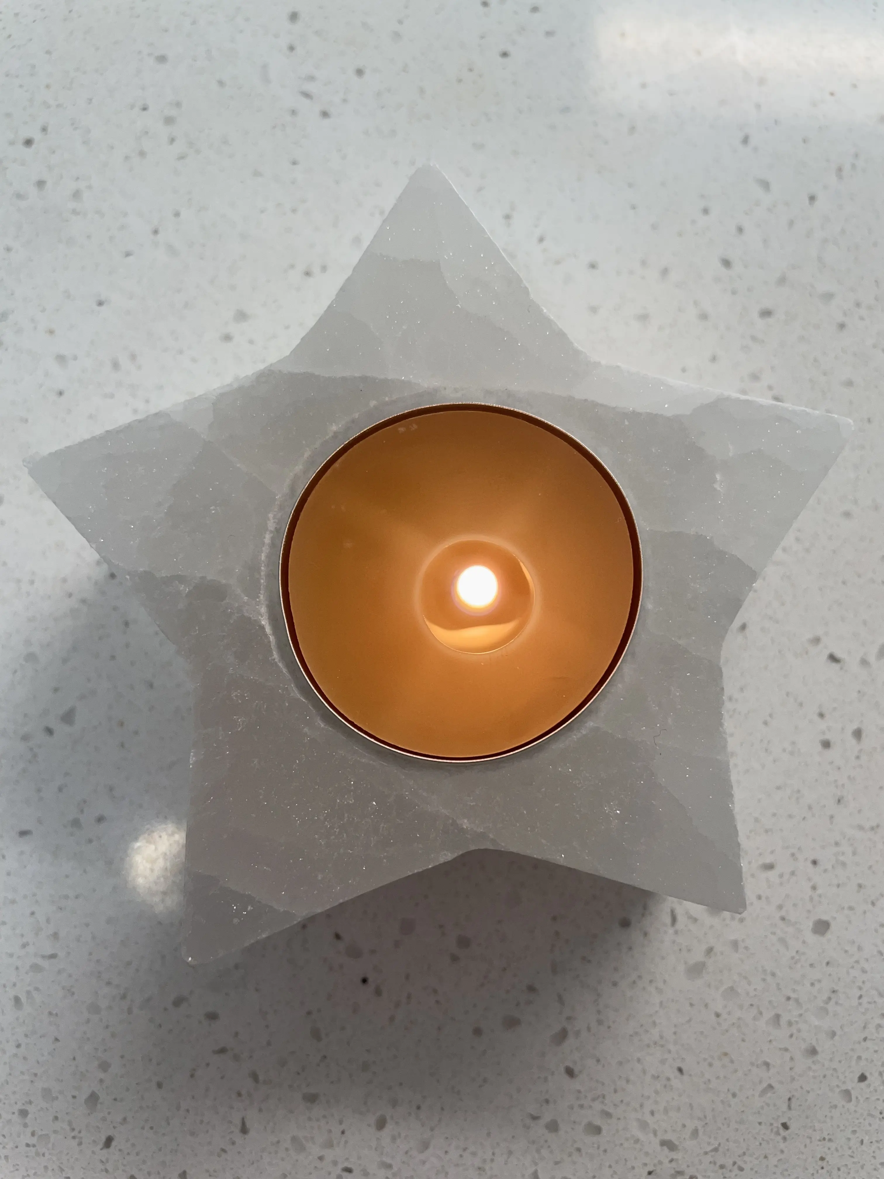 Star Selenite Crystal Candle Holder + 4 Pure Beeswax Tea Light Candles Decor Set