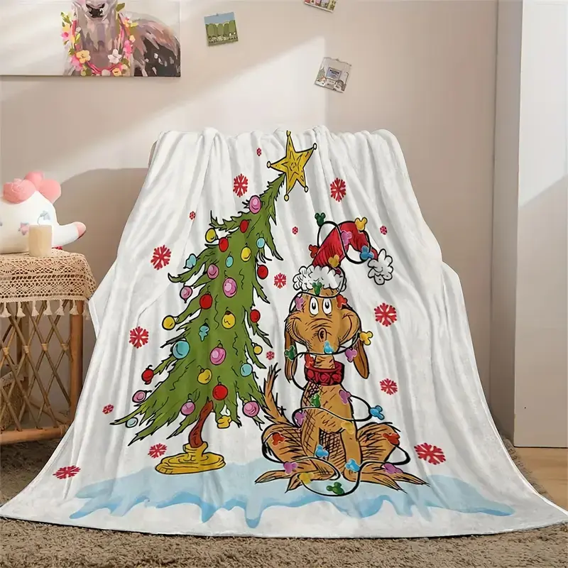 Flannel Throw Blanket, Leg Cover Blanket, Air Conditioner Cover, Cartoon Christmas Green Monster and Christmas Tree Pattern Tapestry, Soft and Comfortable Flannel Hug Blanket Suitable for Christmas Decoration, Perfect Gift Choice for Thanksgiving Decor
