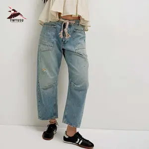 Womens Pull-On Barrel Jeans Mid-Low Rise Boyfriend Drawstring Ankle Baggy Jeans Elastic Waist Stretchy Denim Pants