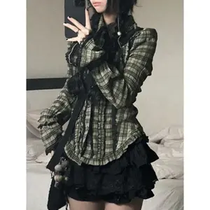 2025 2000s Vintage Plaid Design Patchwork Sets Y2k Long-sleeve Shirt + Black Mini Skirt Suit Gothic Grunge Ruched Casual 2-piece Set