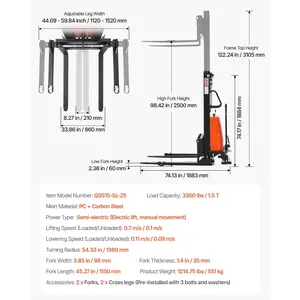 VEVOR Semi Electric Pallet Stacker, 3300 lbs Load Capacity, Pallet Lift Stacker Forklift with Straddle Legs, 96.06 Inches Lifting Height 8.3-33.86 Inches Adjustable Fork Width, Orange Black
