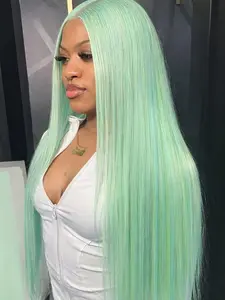 26 Inch Green And Blue Highlight Lace Front Wigs Long Straight Heat Resistant Fiber Hair For Women For Christmas Halloween Synthetic Wigs