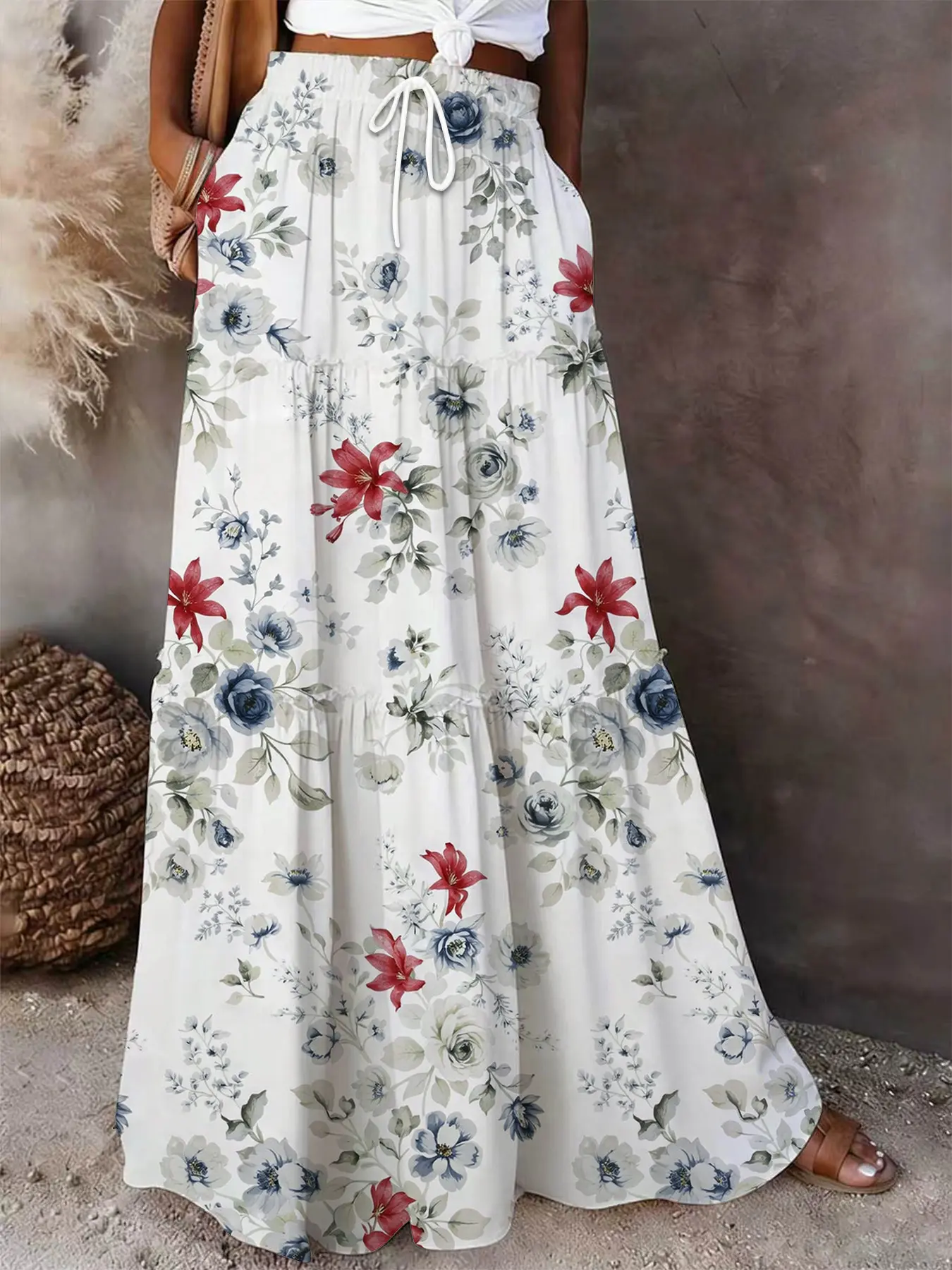 Green Leaf Print Maxi Skirt | Boho Bohemian Botanical Tiered Floral Print Skirt with Pockets