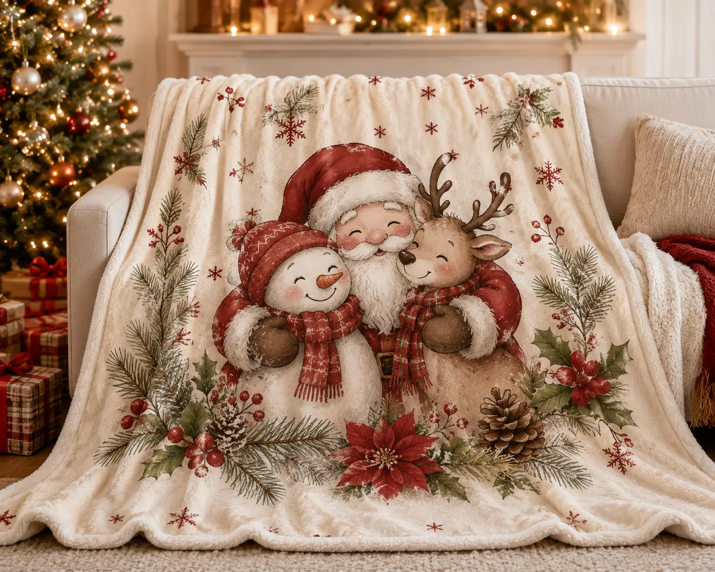 Merry Christmas Patchwork, Velveteen Plush Blanket | Deer, Tree, Bells, Lantern