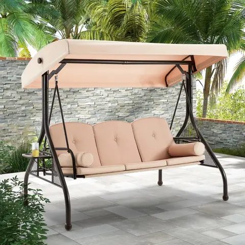 3-Seat Outdoor Patio Swing Chair, Swing Glider with Removable Cushion and Convertible Canopy, Ideal for Deck, Patio, Garden