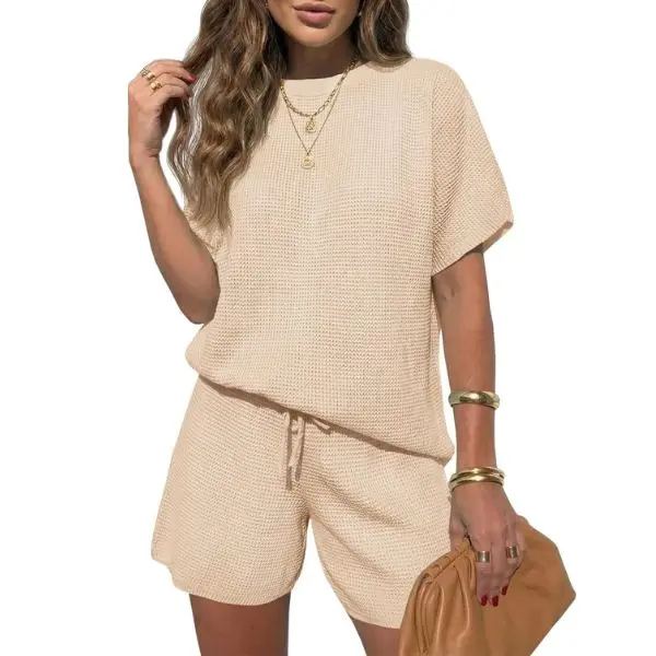 Fisoew Womens 2 Piece Lounge Sets 2026 Summer Short Sleeve Knit Sweater Loose Shorts Set Casual Matching Travel Outfits