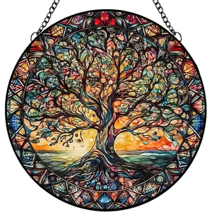 Tree of Life Suncatcher Indoor/Outdoor Stained Glass Window Hanging - Handmade Stained Glass Suncatchers for Windows Hanging - Decoration for Home Garden Christmas Party Wedding Housewarming Gifts