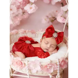 2pcs Newborn Photography Outfit Set for Girls Lace Romper with Handmade Bow Headband Knitted Long Sleeve Baby Photo Prop HD15