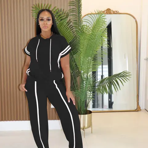 USBoutiqueCHIC Women's Spring Summer Hooded Top & Lounge Pants Set 531GSM Oversized Loungewear 8-Color Comfort Wear Collection Blue with White Stripes