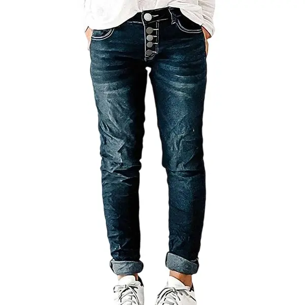 Flamingals Button Up Roll Hem Low Waist Straight Leg Jeans Womenswear Casual Denim 29.7" Inseam