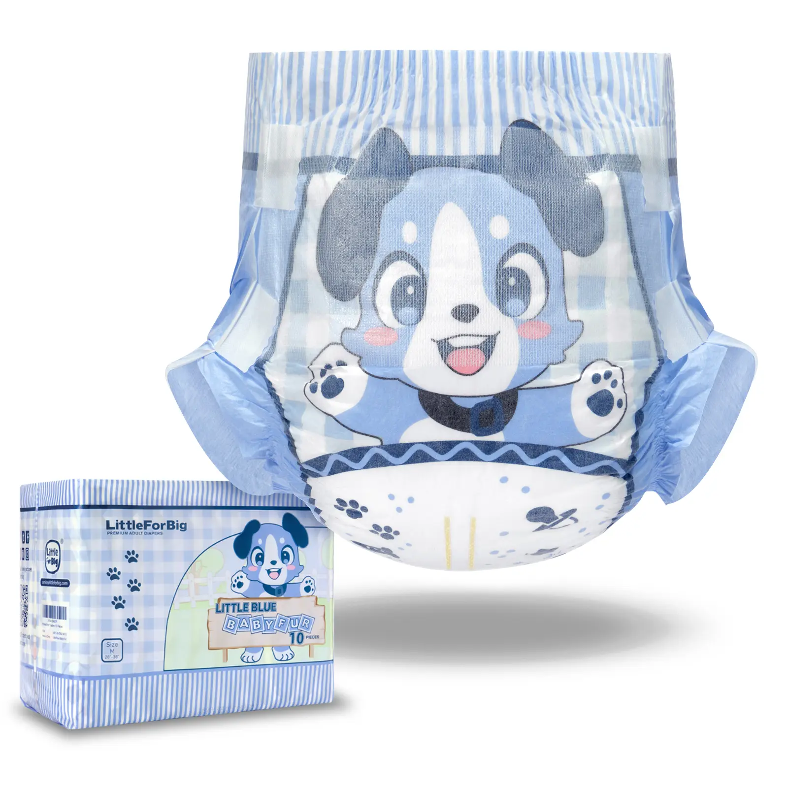 Littleforbig Adult Printed Cloth Back Diaper, Adjustable Hook & Loop Fastener Closure, M (28"-38")/L (36"-48")/XL (48"-56"), 10-Piece Little Blue BabyFur Pack