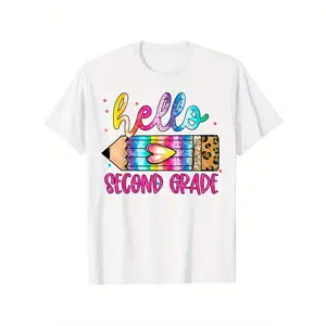 1/Hello Second Grade Leopard Tie Dye Pencil Shirt Cute Teacher T-Shirt, Classroom Apparel, Educator Wardrobe Essential, Pencil Print Tee, Knit Teacher Top, Geometric Pattern Tee, Cute Graphic Tee, Easy Care Top, Soft Knit Tee