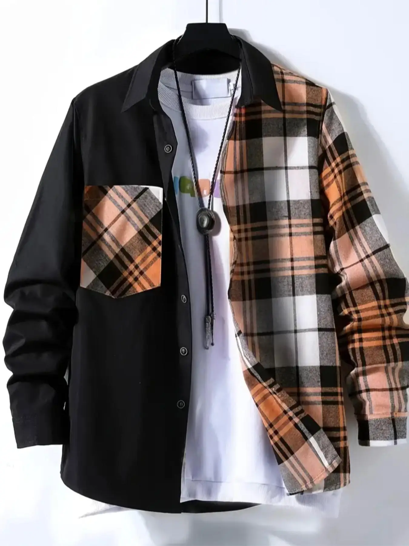 Men's Plaid Patchwork Print Button Front Shirt, Loose Casual Long Sleeve Collared Top for All Seasons, Men's Clothes for Daily Wear