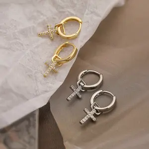 Unique Gold-Plated Copper Cross Dangle Earrings, Zircon Inlay - Stylish Earring for Women,summervibes